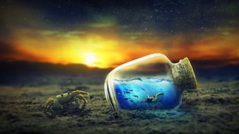 underwater world in a glass jar in a surreal landscape