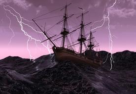 painted sailing ship in a stormy sea on a background of lightning and purple sky