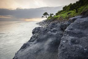 Beautiful rocky shore with the green plants, at colorful and beautiful sunset in the clouds