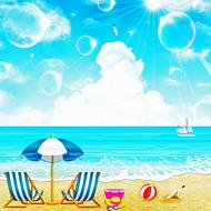 painted beach with sunbeds, a beach umbrella and toys