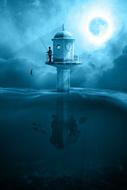 painted fisherman on a tower against a mystical night sky