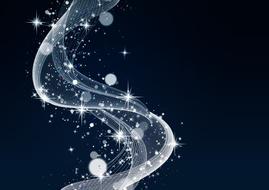 Beautiful, bright, white, curly pattern with bokeh lights, at blue background