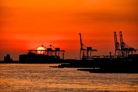 Container terminal in port at Sunset, japan, Osaka