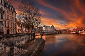 Beautiful landscape of the Ile-St-Lous, at colorful sunset in the evening, in Paris, France