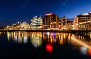 colorful Lights on embankment of City at Twilight, switzerland, geneva
