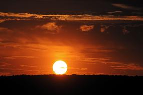 bright solar disk at dark forest, evening