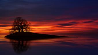 Colorful evening sky above the lake with the island with the tree