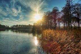 setting sun over the shore near the lake