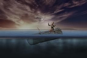 painted girl and a seagull swim on a log in the evening sea as a fantasy