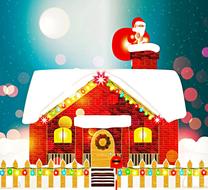 cartoon santa claus with gifts on chimney of house