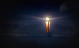 Lighthouse Glowing at Night, collage