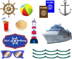 Colorful stuff for ocean cruise, ship and waves at white background, on clipart