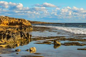 Beautiful and colorful rocky coast of Ayia Napa, with the waves, in Cyprus, Greece