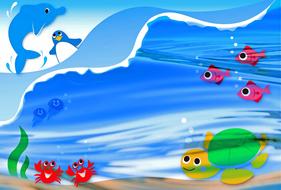 happy cartoon fish and animals on water and underwater