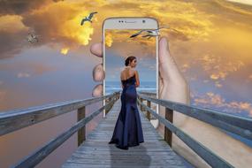 clipart of hand with phone and girl on pier
