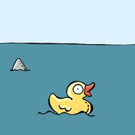 Cute, yellow rubber and ducky and shark in the water, on clipart