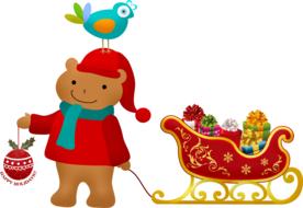 Beautiful and colorful Christmas bear with the sleigh, birds and gifts, on clipart