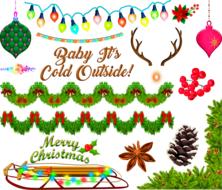 christmas greeting with decorations and garlands, drawing