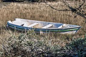 wooden boat in dry grass