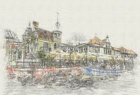amsterdam boats colorful dutch drawing