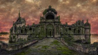 abandoned mossy Chateau Chantilly at dusk, digital manipulation
