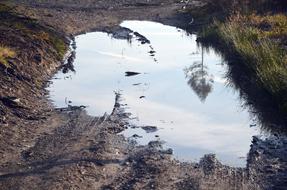 photo of a large puddle on a road in the countryside