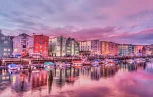 evening landscape of the harbor in Trondheim, Norway