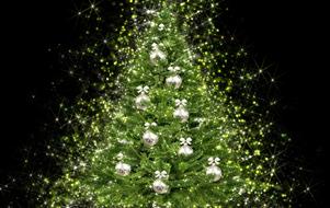 Beautiful, green Christmas tree, with the beautiful, shiny, silver decorations, at black background, clipart