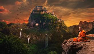 fantastic image of a buddhist monk and a rock castle