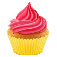 Beautiful and colorful cupcake, with the pink cream, in the yellow paper, at white background, clipart