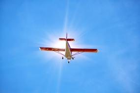 the plane flies in the clear blue sky