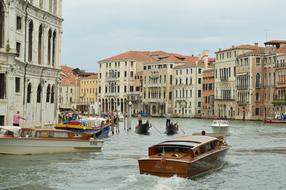 motor boats on canal in city, italy, Venice