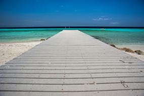 photo of a pier on the tropical ocean
