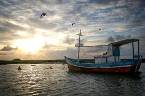 Beautiful landscape with a vessel on the water and flying birds in Arembepe, Bahia, Brazil