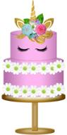 Beautiful and colorful unicorn cake, with the decorations, on the stand, at white background, clipart