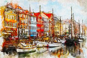 watercolor painted sailing ships on a canal in Amsterdam