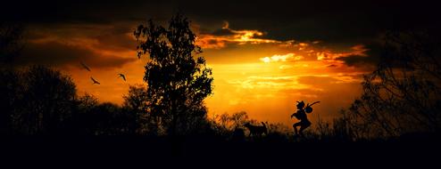 Beautiful landscape with the wanderer, among the plants, at beautiful and colorful twilight