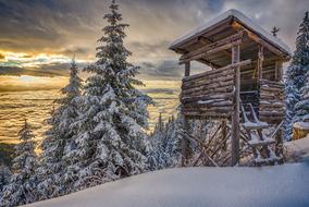 hunting tower in beautiful winter forest at sunset, austria, Koralpe