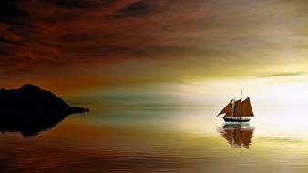 Beautiful landscape with the ship on the water, at colorful sunset, near the island