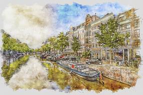 drawing of amsterdam canal city