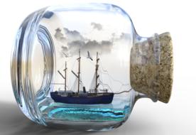 Beautiful ship, on the turquoise water, in the bottle, with the clouds