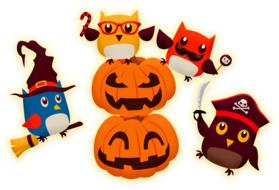 halloween drawing of cartoon anthropomorphic owls and pumpkins