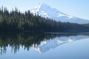 snowy mountain peaks are reflected in the lake