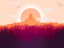 landscape deer birds drawing