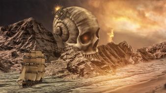 mystical image of a ship in the sea against the backdrop of mountains and skulls