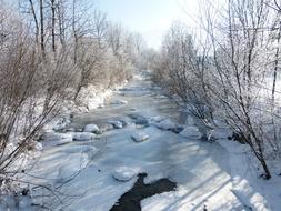 frozen river between trees in winter
