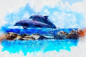 dolphin jump sea art watercolor drawing