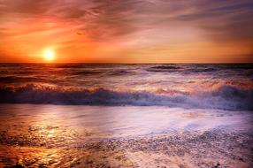 sea surf in the rays of the sunset in summer