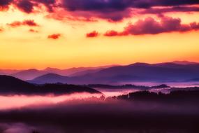 Great Smoky Mountains amid colorful sunset in the United States of America