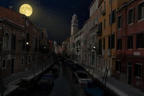 water canal city and yellow moon